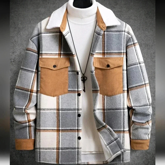 Other - Loose Fit Men's Plaid Pattern Overcoat With Flap Pockets And Drop Shoulders